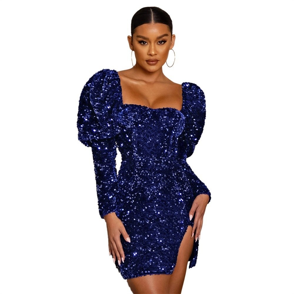 Sequin Backless Padded Shoulder Bubble Sleeve Party Dresses For Women - Image 6
