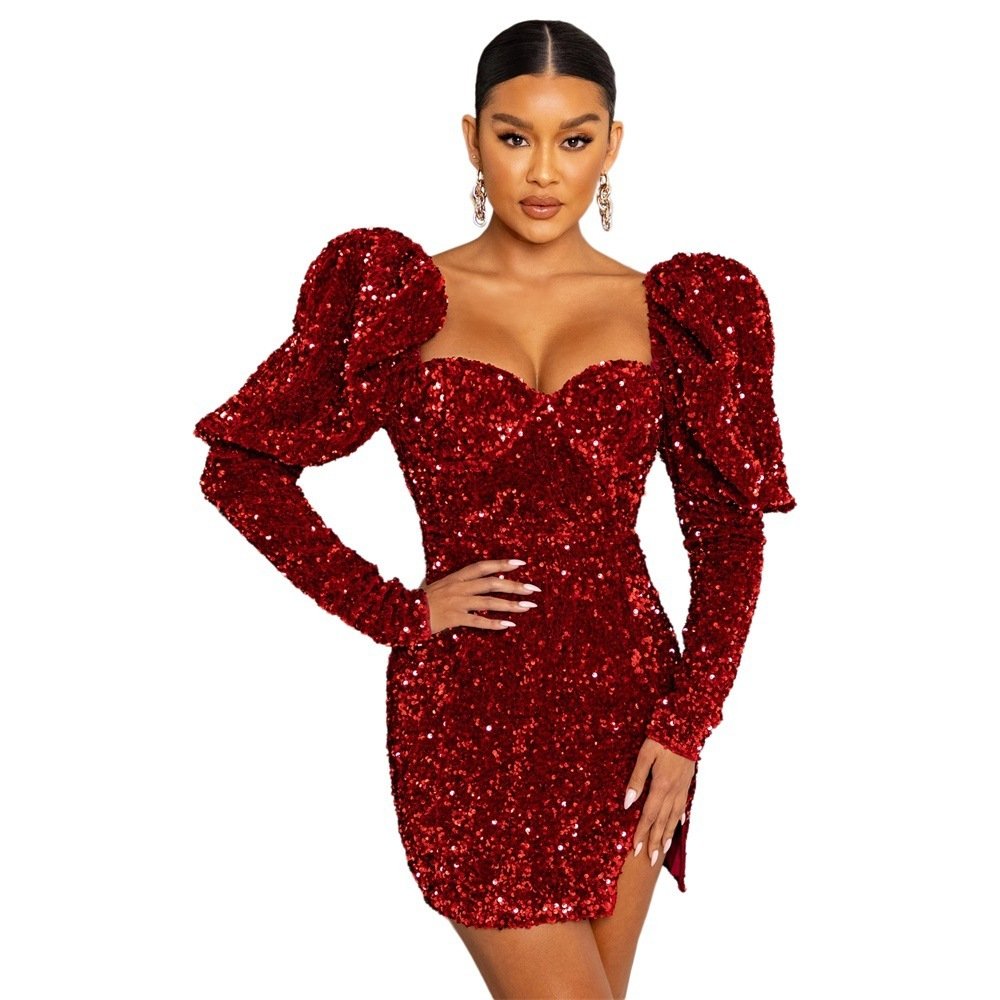 Sequin Backless Padded Shoulder Bubble Sleeve Party Dresses For Women - Image 5