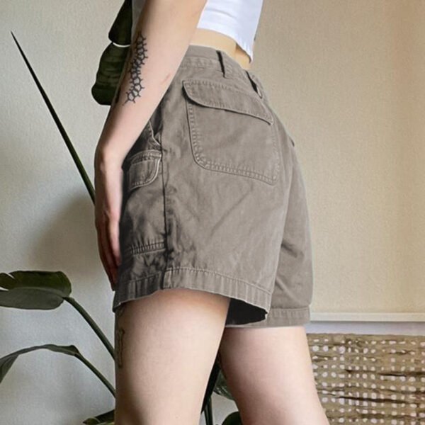 High-waisted Solid Color Multi-pocket Cargo Jean Shorts Female - Image 2