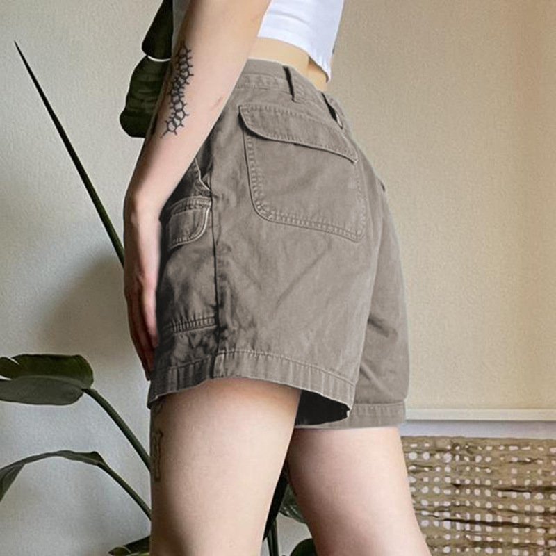 High-waisted Solid Color Multi-pocket Cargo Jean Shorts Female - Image 2