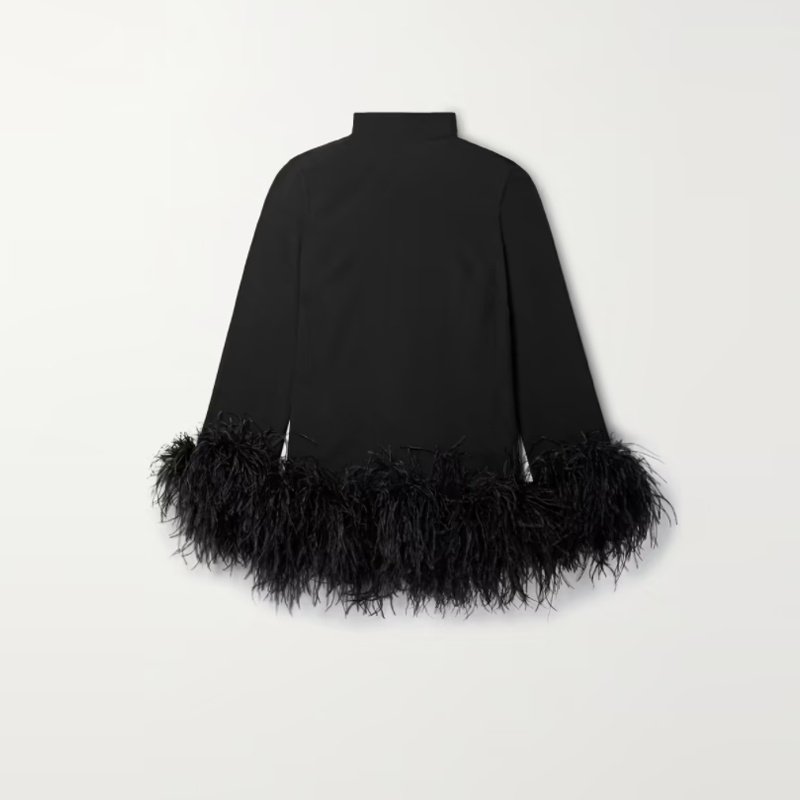 Turtleneck Long Sleeve Short Dress Ostrich Feather Black - Image 4