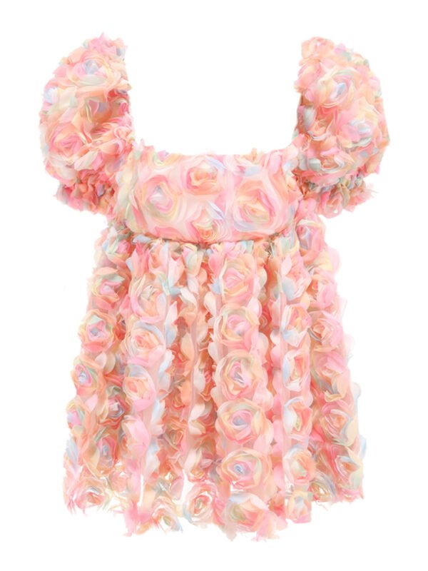 Women's  Short Sleeve Stitching Flower Puffy Sleeve Dress - Image 5