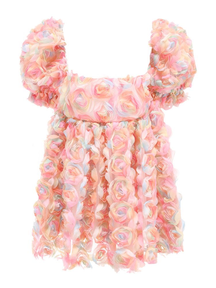 Women's  Short Sleeve Stitching Flower Puffy Sleeve Dress - Image 5