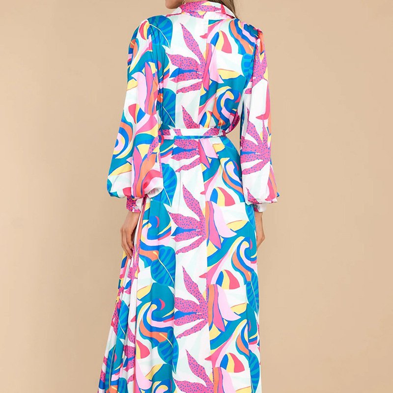 New Printed Dresses Long-sleeved Polo Collar Oversized Hem Dresses Women - Image 3