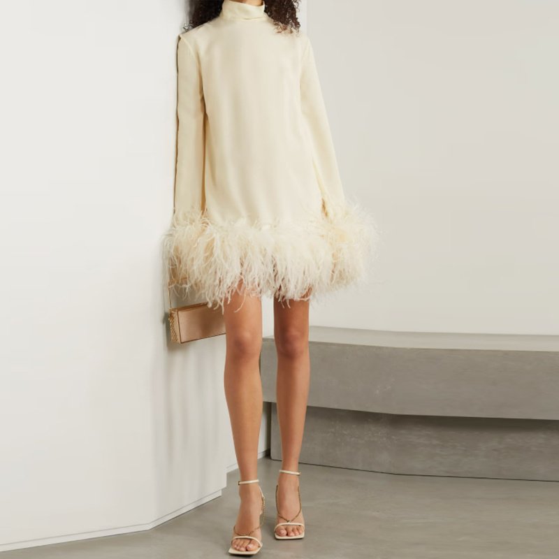 Turtleneck Long Sleeve Short Dress Ostrich Feather Black - Image 9