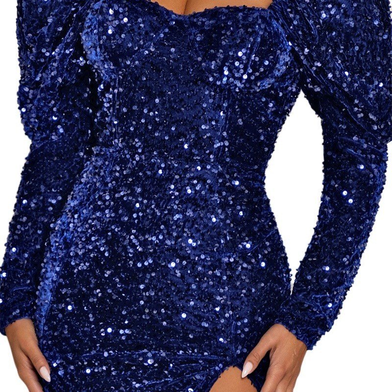 Sequin Backless Padded Shoulder Bubble Sleeve Party Dresses For Women - Image 4