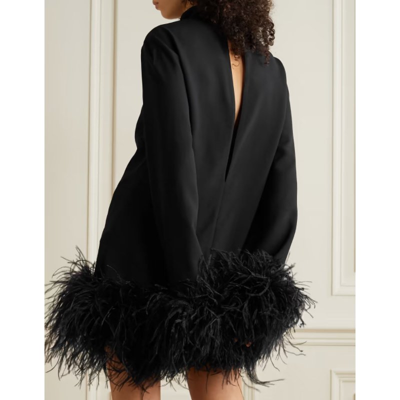Turtleneck Long Sleeve Short Dress Ostrich Feather Black - Image 2