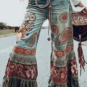 Ursime Boho Print Ruffle Hem Flare Pants