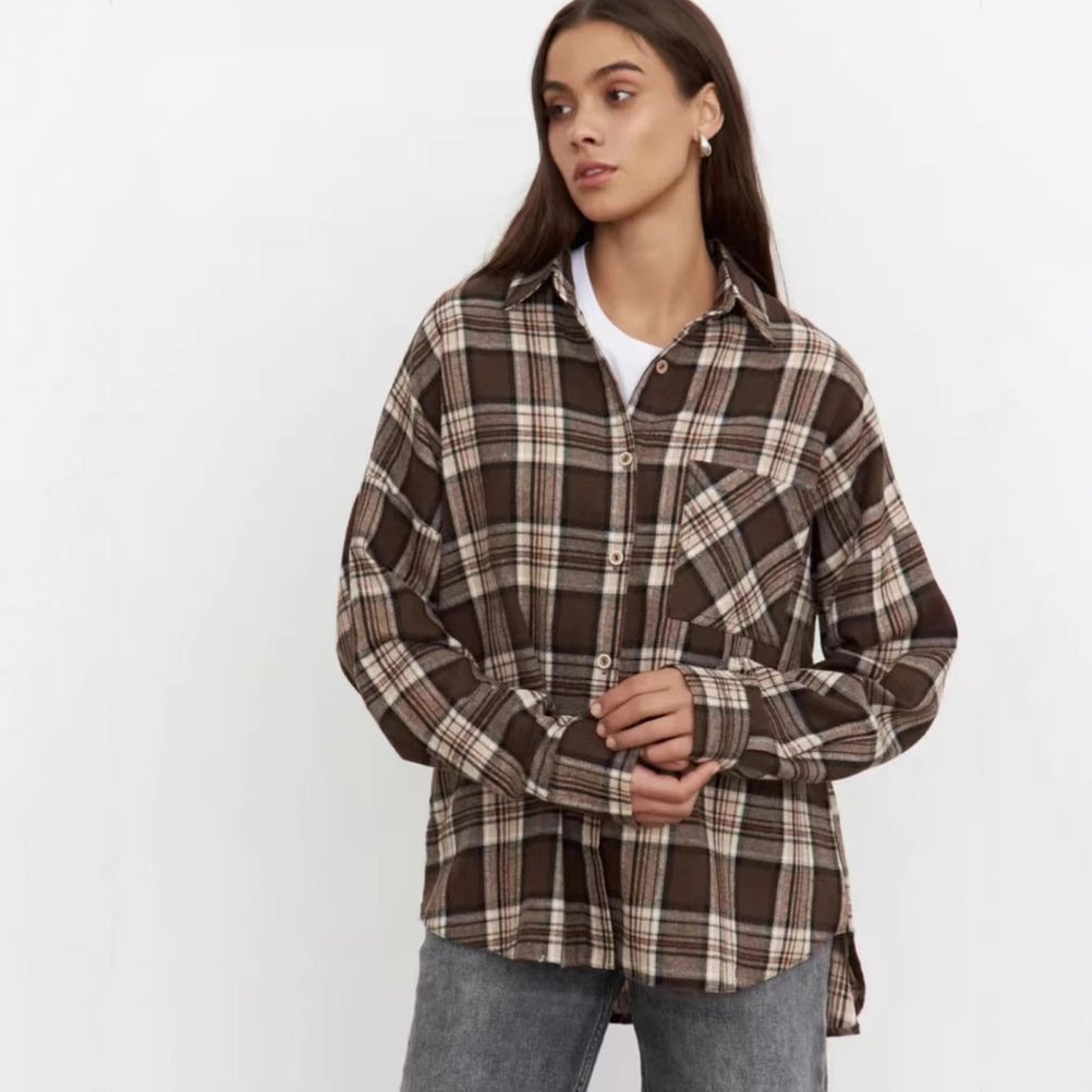 Retro Style All-match Plaid Lapel Long Sleeve Shirt - Image 5