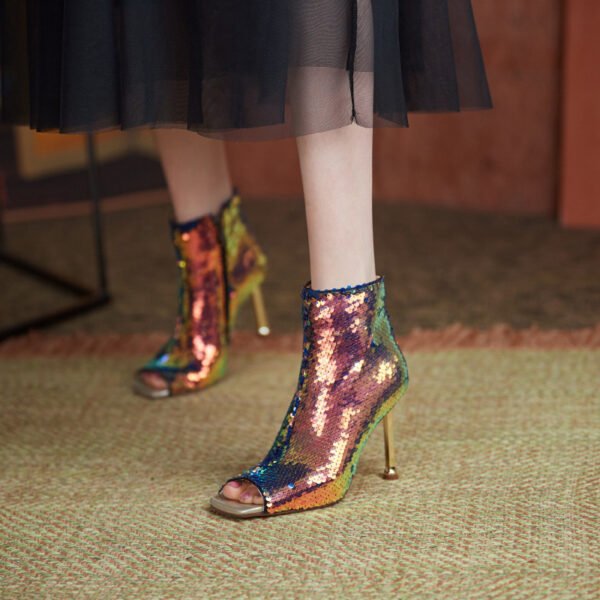 Fashion Sequined Fish Mouth Zipper Stiletto High Heels Women's Cool Boots - Image 5