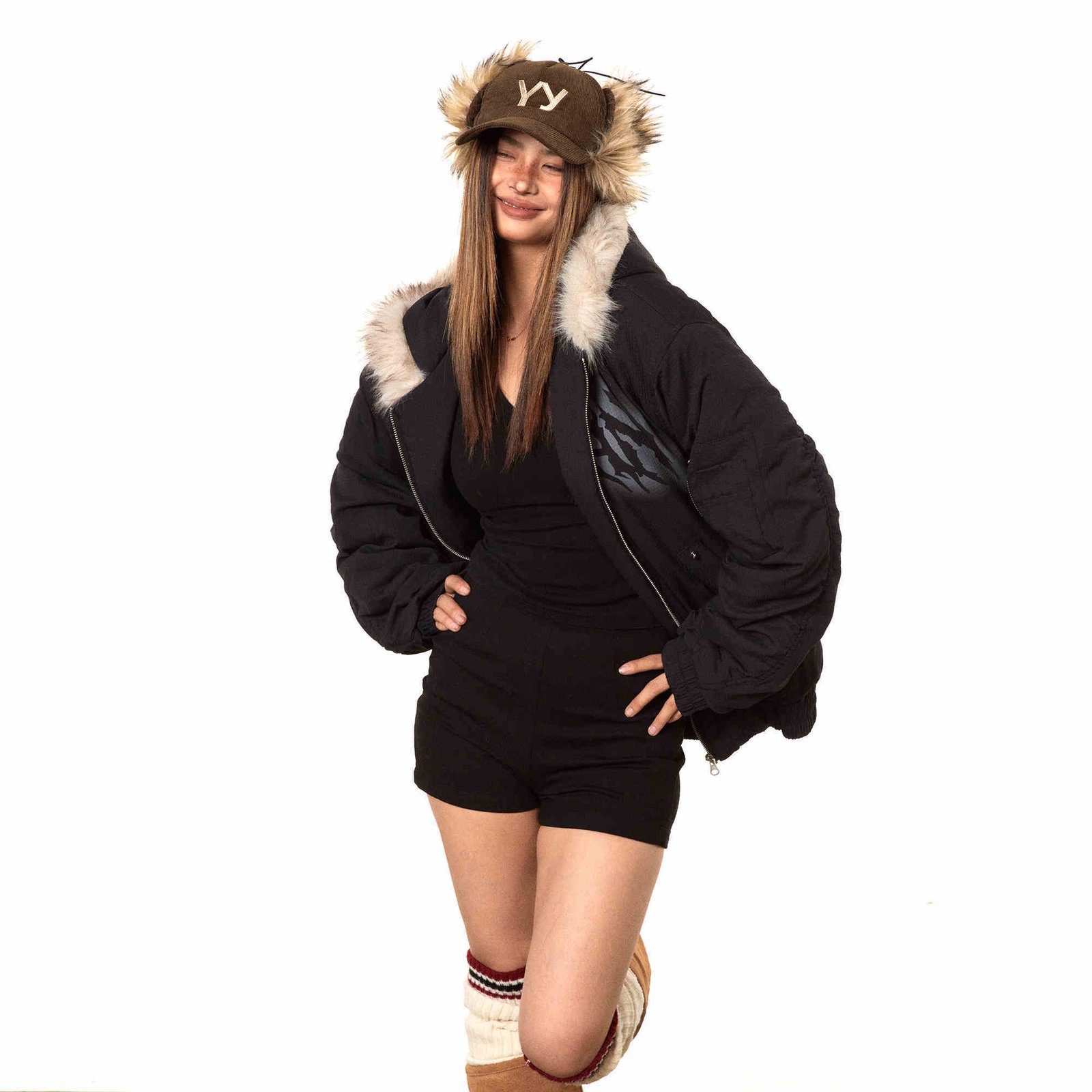 Printed Hooded Fur Collar Cotton-padded Coat Baggy Coat - Image 5