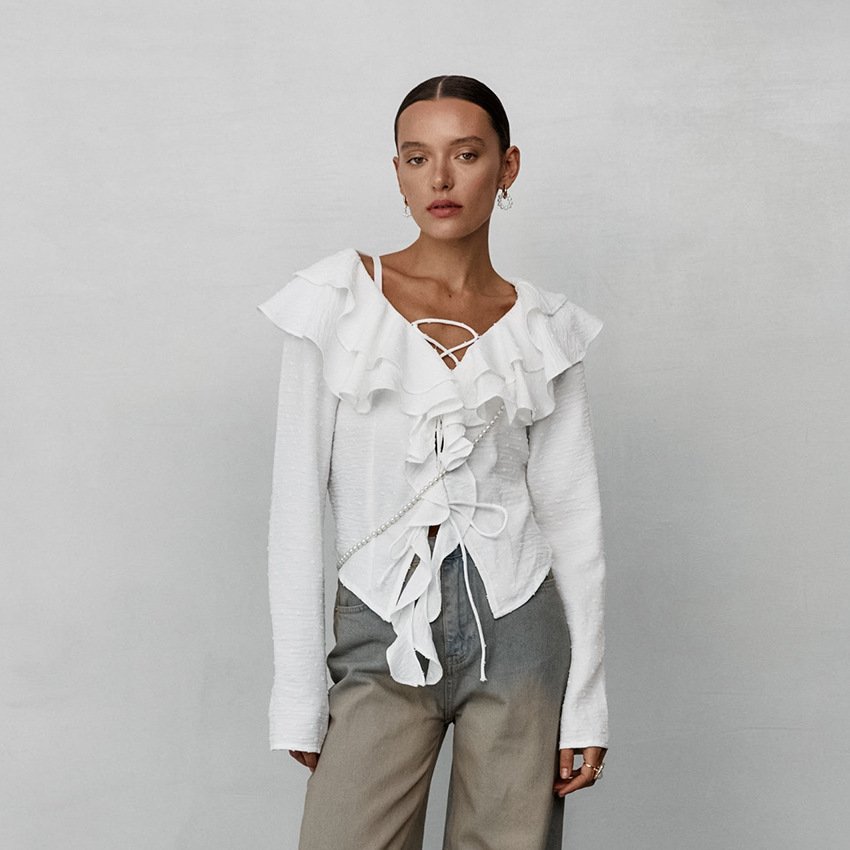 White Crepe Casual Ruffled Lace-up Long Sleeve Shirt