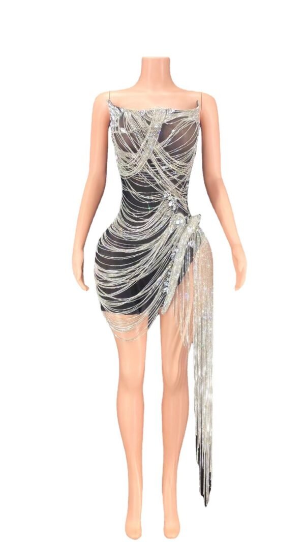 European And American Party Tube Top Rhinestone Drill Chain Tassel Dress - Image 3