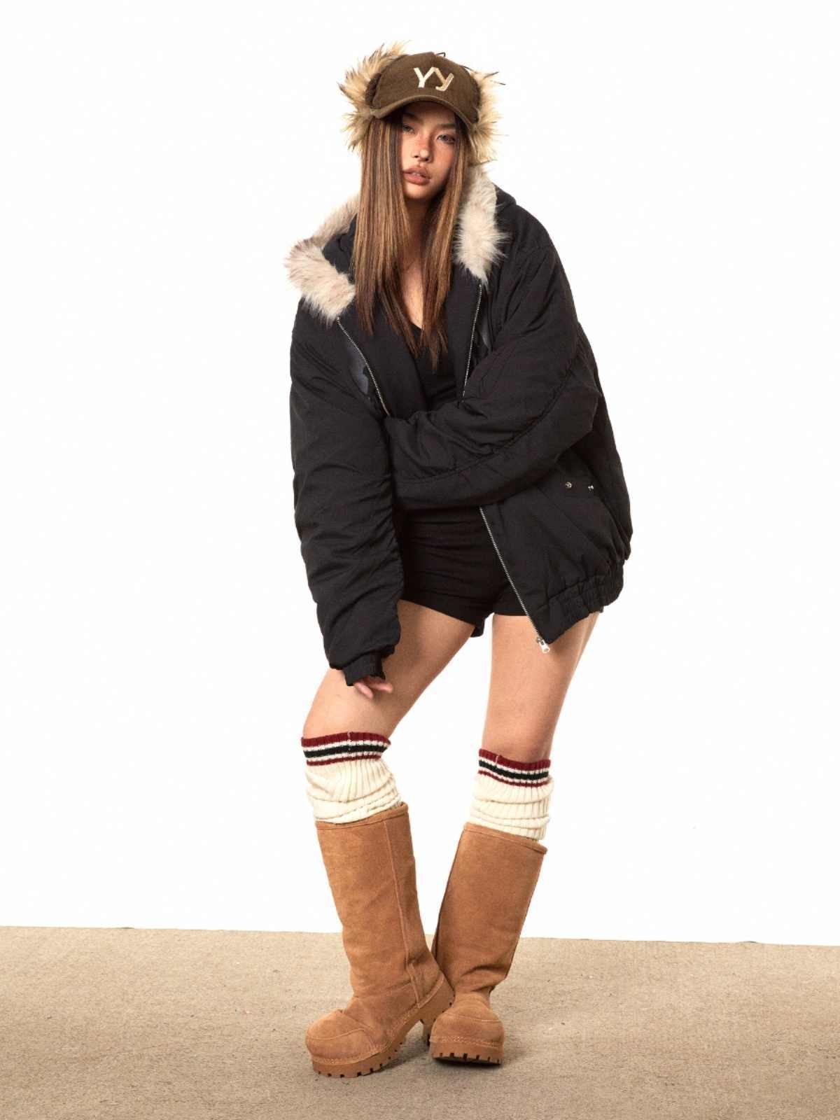 Printed Hooded Fur Collar Cotton-padded Coat Baggy Coat - Image 3