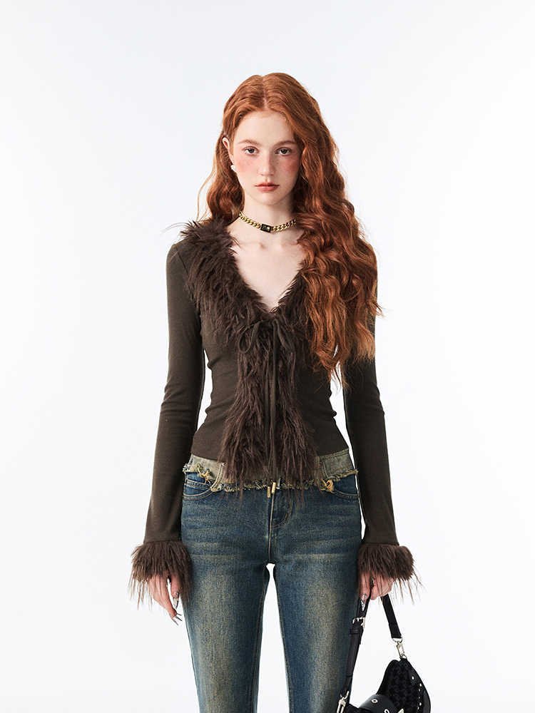 Woolen Sweater V-neck Lace Up Cardigan Long-sleeved Top - Image 3