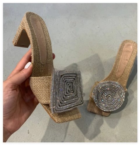 Straw Woven Linen Genuine Leather Straight Drag Worn With Thick Heels Sandals Square Round Rhinestones - Image 4