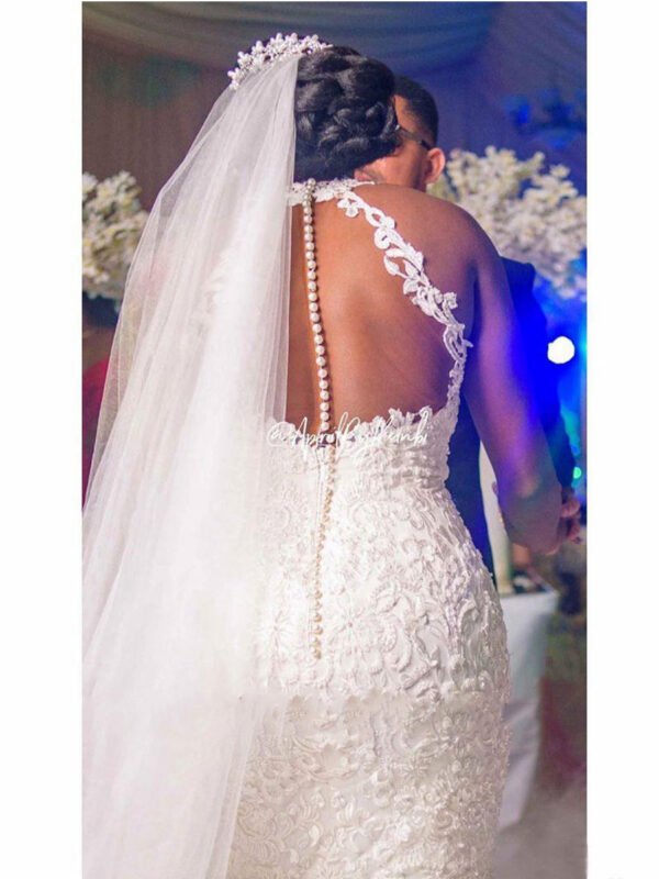 Vintage Lace Beaded Wedding Dresses Sheer Neck Mermaid Bridal Dresses Wedding Gowns - Image 2
