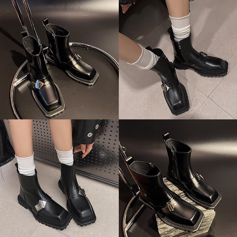 Metal Buckle Square Head Cowhide Boots Women - Image 2