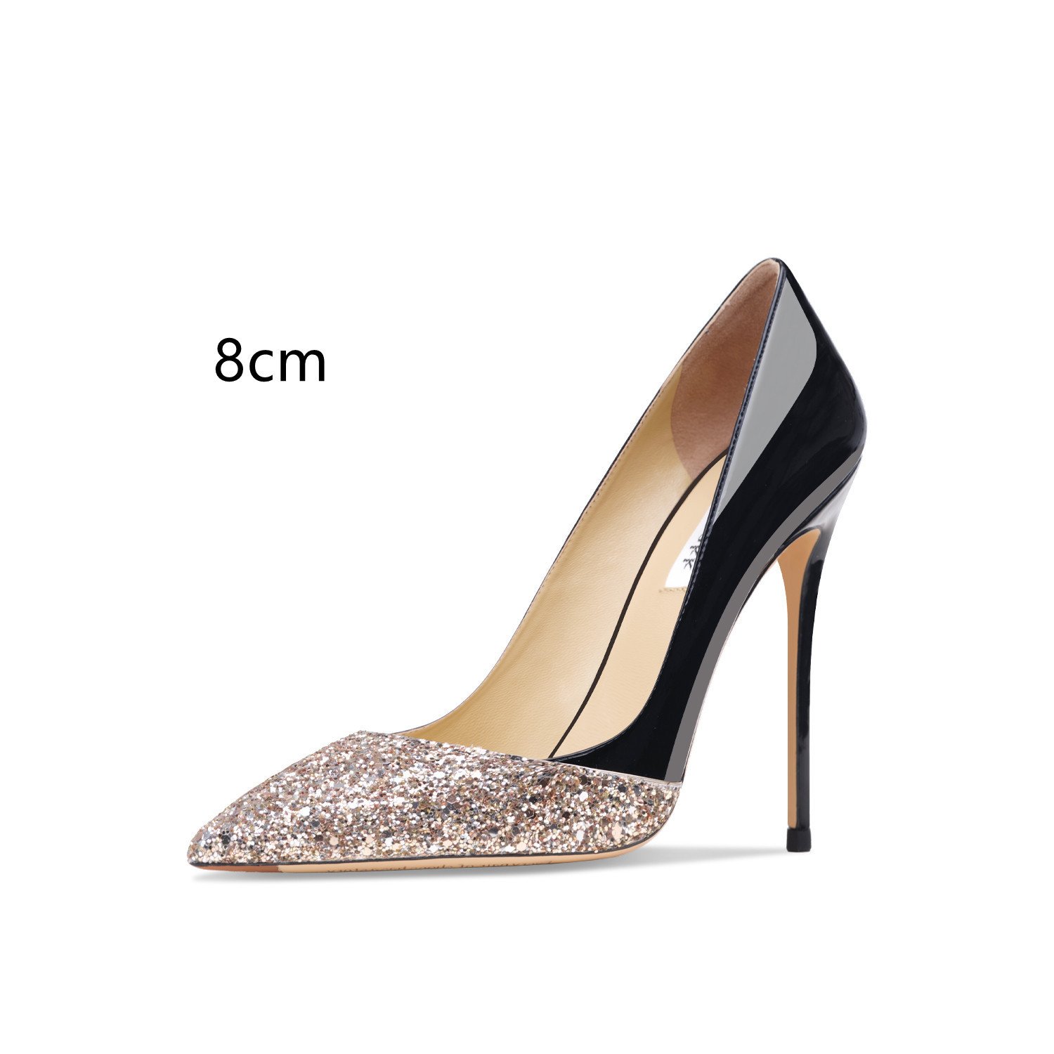 Women's Leather Stitching Gold Sequins High Heels - Image 4