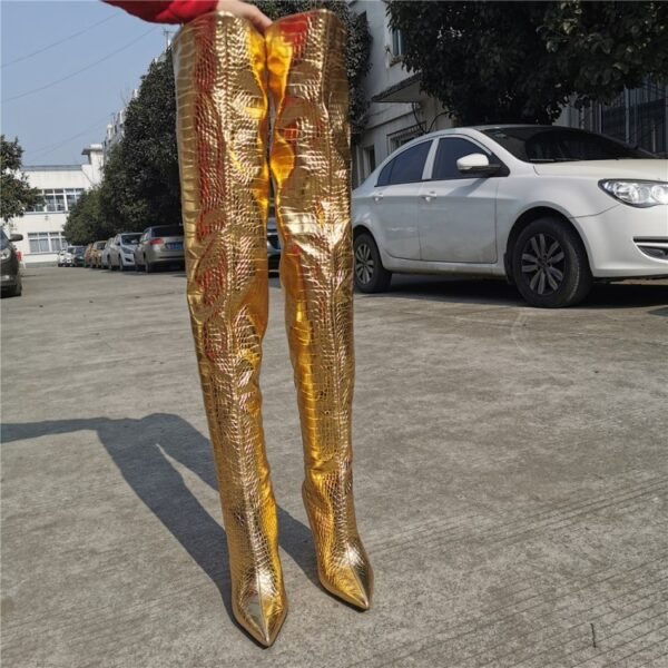 Fashion Gold Over The Knee Back Zipper High Heels - Image 4