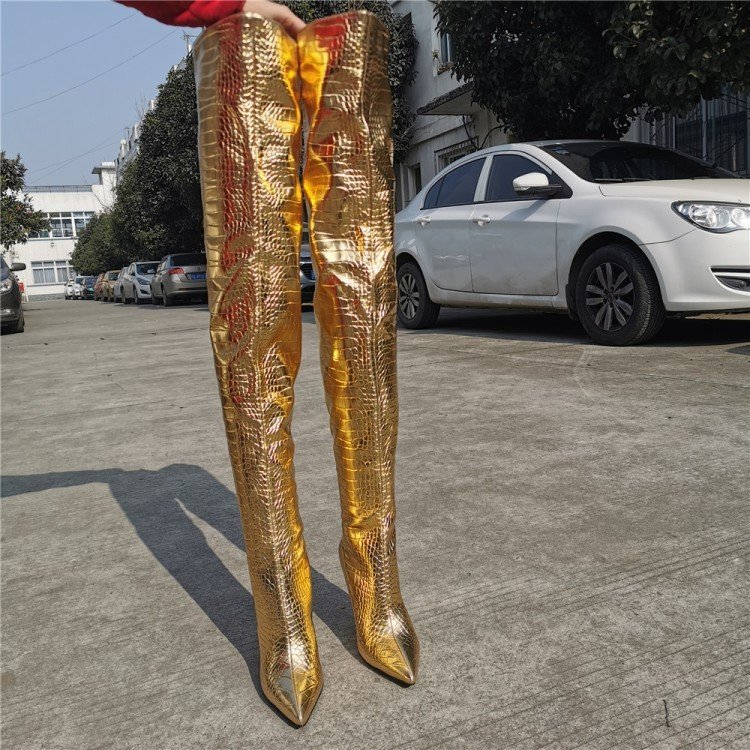 Fashion Gold Over The Knee Back Zipper High Heels - Image 4