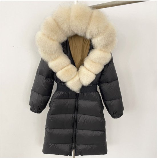 Women's Long Cinched Hoodie Real Fox Fur Collar Coat - Image 4