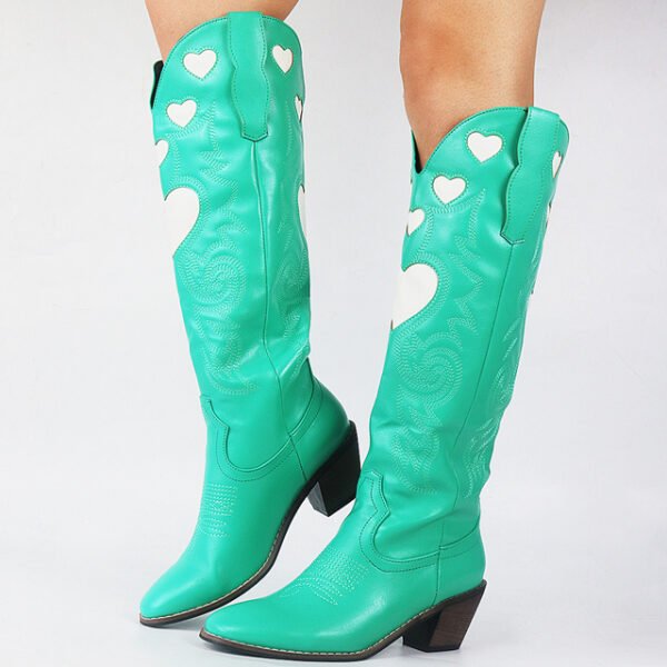 Hot Vintage Cowboy Cowgirl Boots Women Chunky Heels Hear - Image 4
