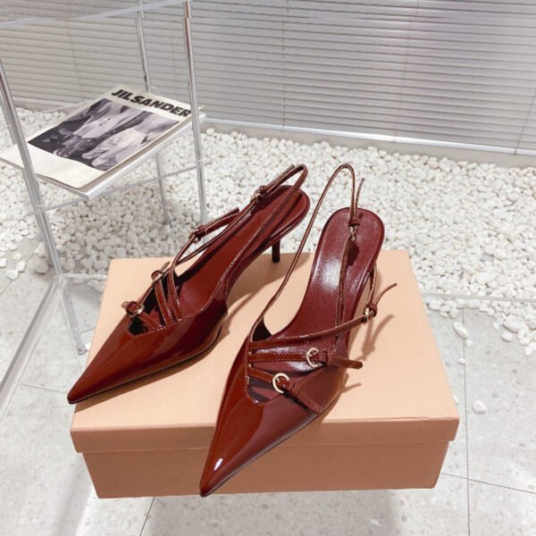 French Style Pointed Toe Kitten Heel Sandals Closed Toe Back Strap High Heels Belt Buckle - Image 8