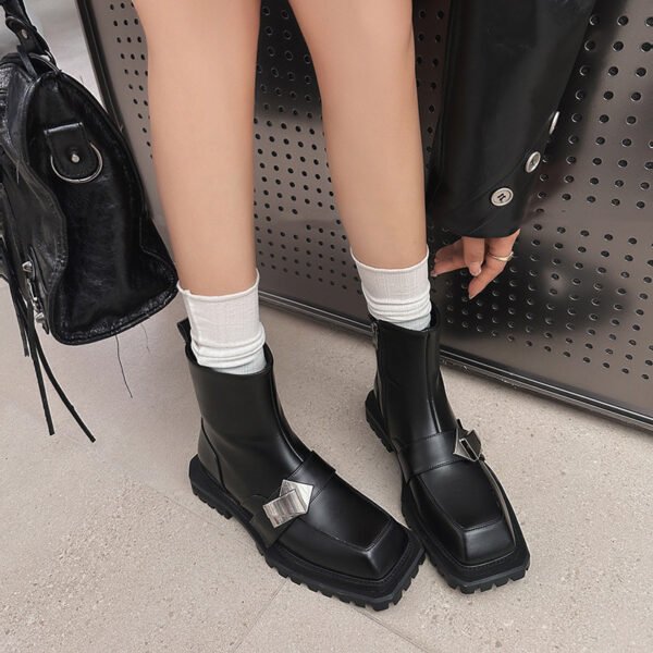 Metal Buckle Square Head Cowhide Boots Women - Image 8