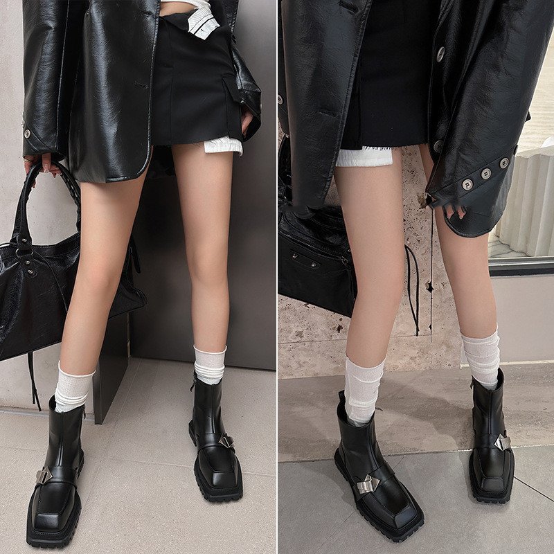Metal Buckle Square Head Cowhide Boots Women - Image 5