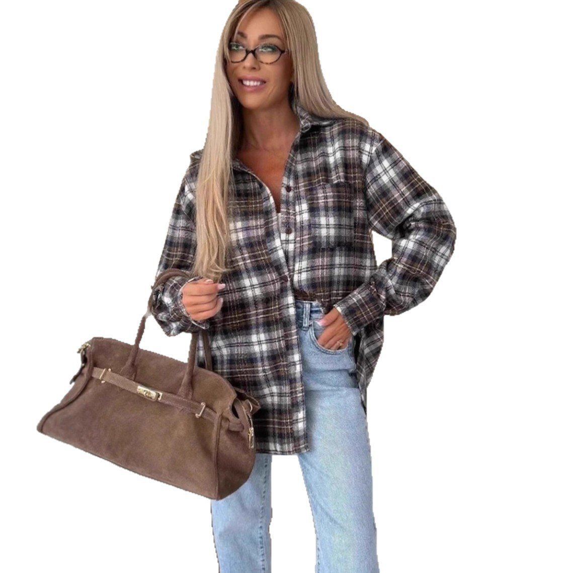 Loose Long Sleeve Casual Plaid Button Shirt For Women - Image 3