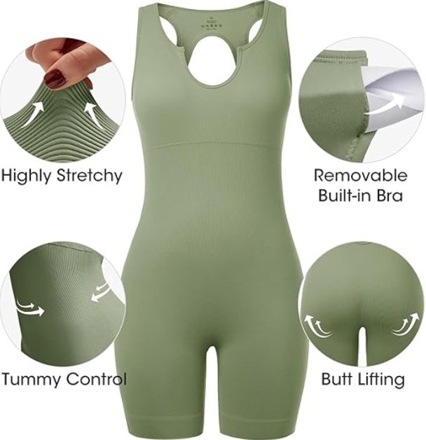 Fisoew Womens One Piece Jumpsuits Racer Back Ribbed U Neck Padded Unitard Backless - Image 3
