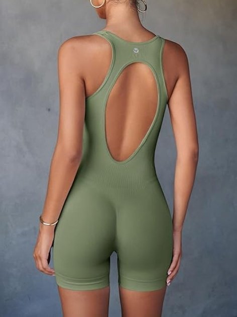 Fisoew Womens One Piece Jumpsuits Racer Back Ribbed U Neck Padded Unitard Backless - Image 6