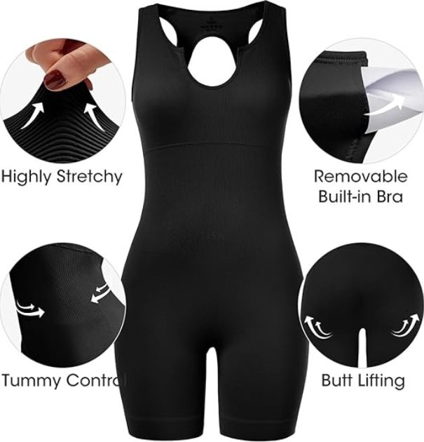 Fisoew Womens One Piece Jumpsuits Racer Back Ribbed U Neck Padded Unitard Backless - Image 7
