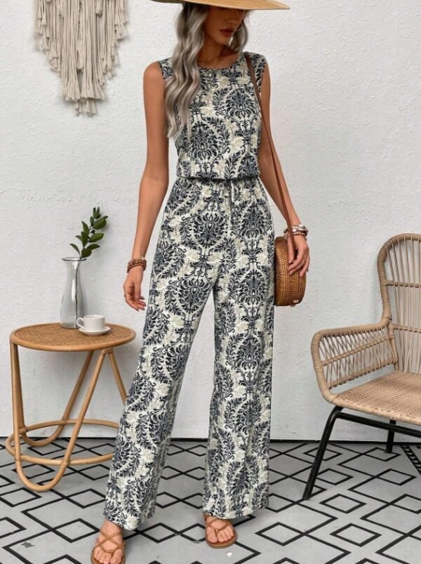 Printed Waist Cinching Casual Straight Leg Pants Set - Image 6