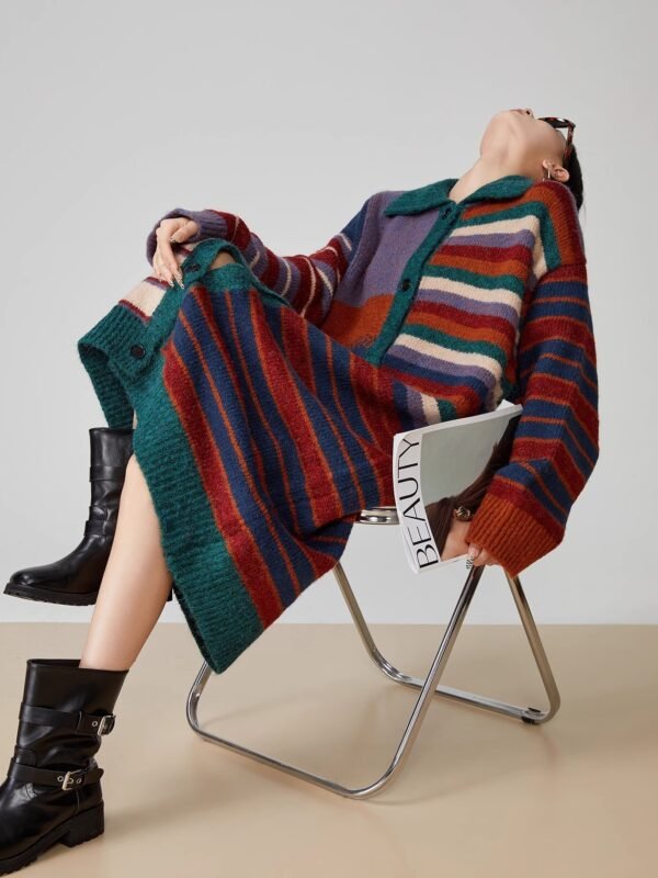 American Retro Color Stripes Long Sweater Coat Women - Image 6