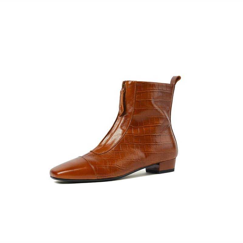 Retro Elegant Square Head Low Heel Zip Ankle Boots Women - Image 6