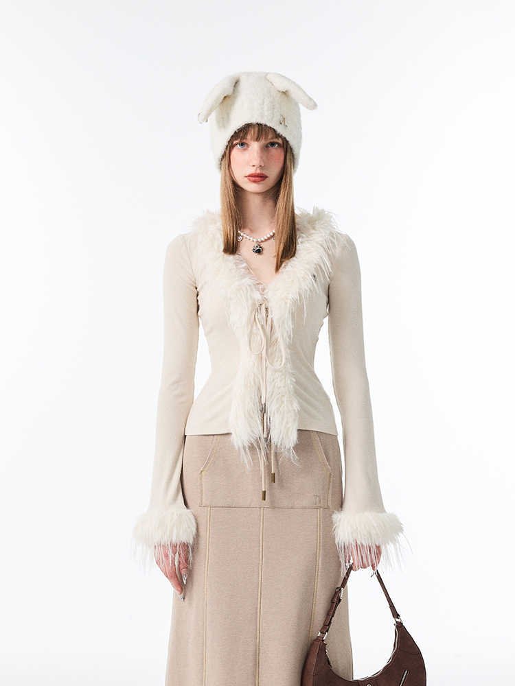 Woolen Sweater V-neck Lace Up Cardigan Long-sleeved Top - Image 2