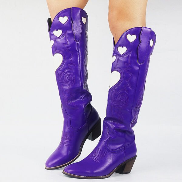 Hot Vintage Cowboy Cowgirl Boots Women Chunky Heels Hear - Image 7