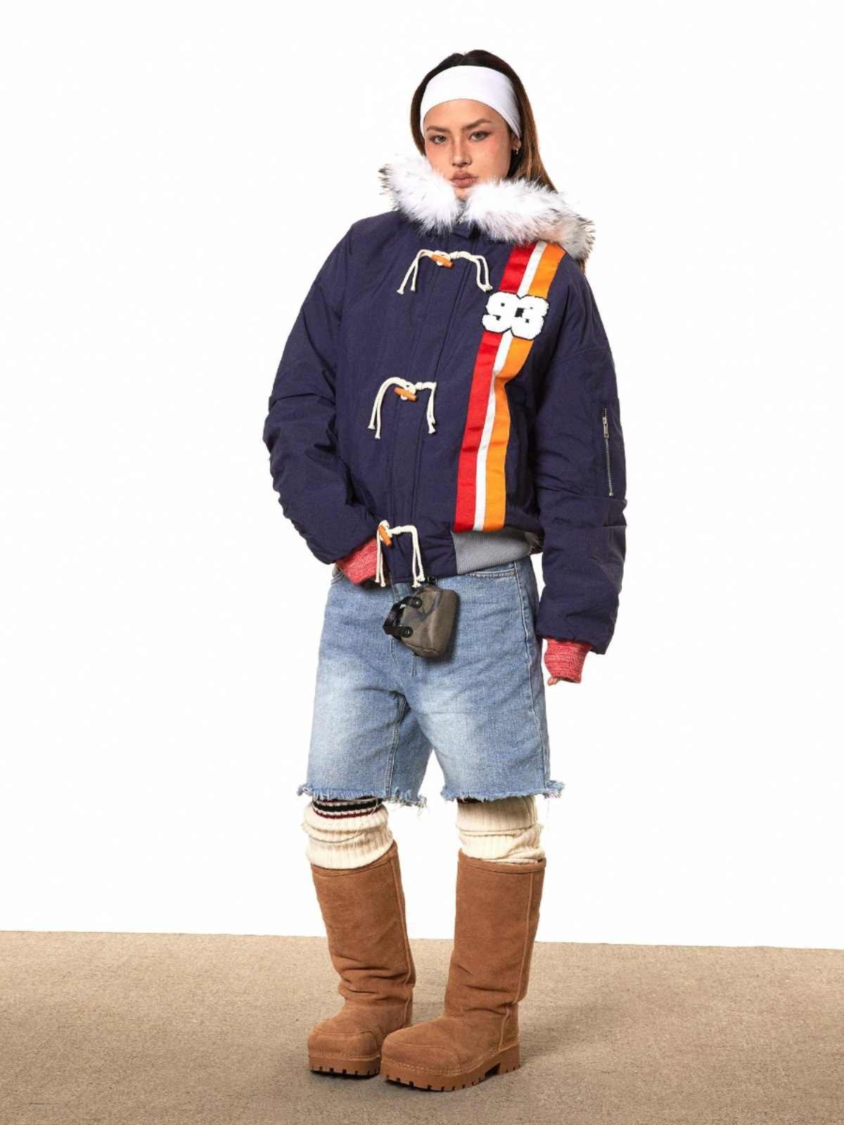 Horn Button Ribbon Short Fur Collar Cotton Coat - Image 3
