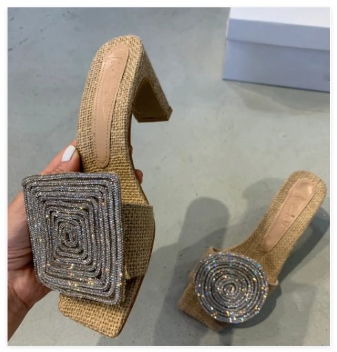 Straw Woven Linen Genuine Leather Straight Drag Worn With Thick Heels Sandals Square Round Rhinestones - Image 3