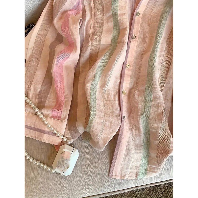 Womens Button Down Shirts Stylish Striped Long Sleeve Collared Office Work Blouses Tops - Image 4