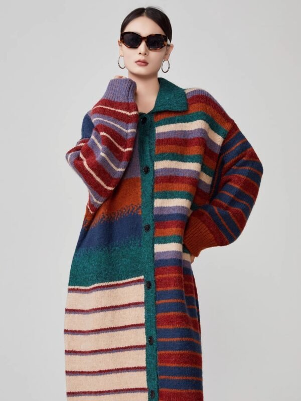 American Retro Color Stripes Long Sweater Coat Women - Image 3