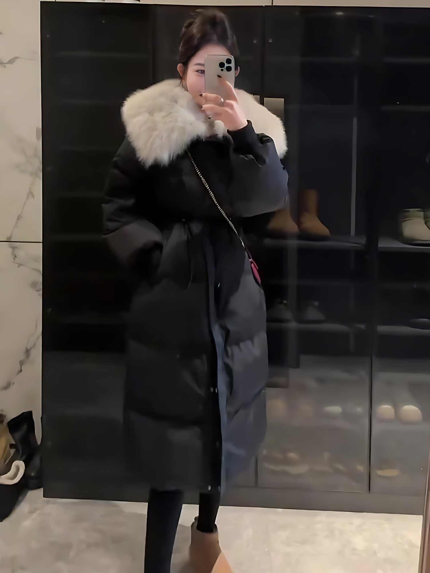 Fur Collar Overknee Long Jacket Women's Waist White Duck Down Coat - Image 4