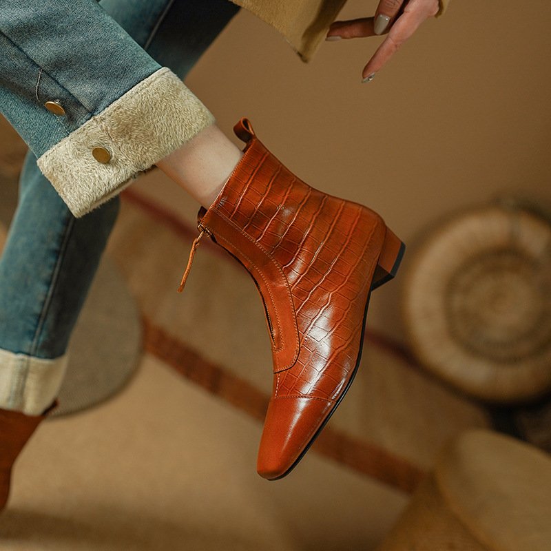 Retro Elegant Square Head Low Heel Zip Ankle Boots Women - Image 3