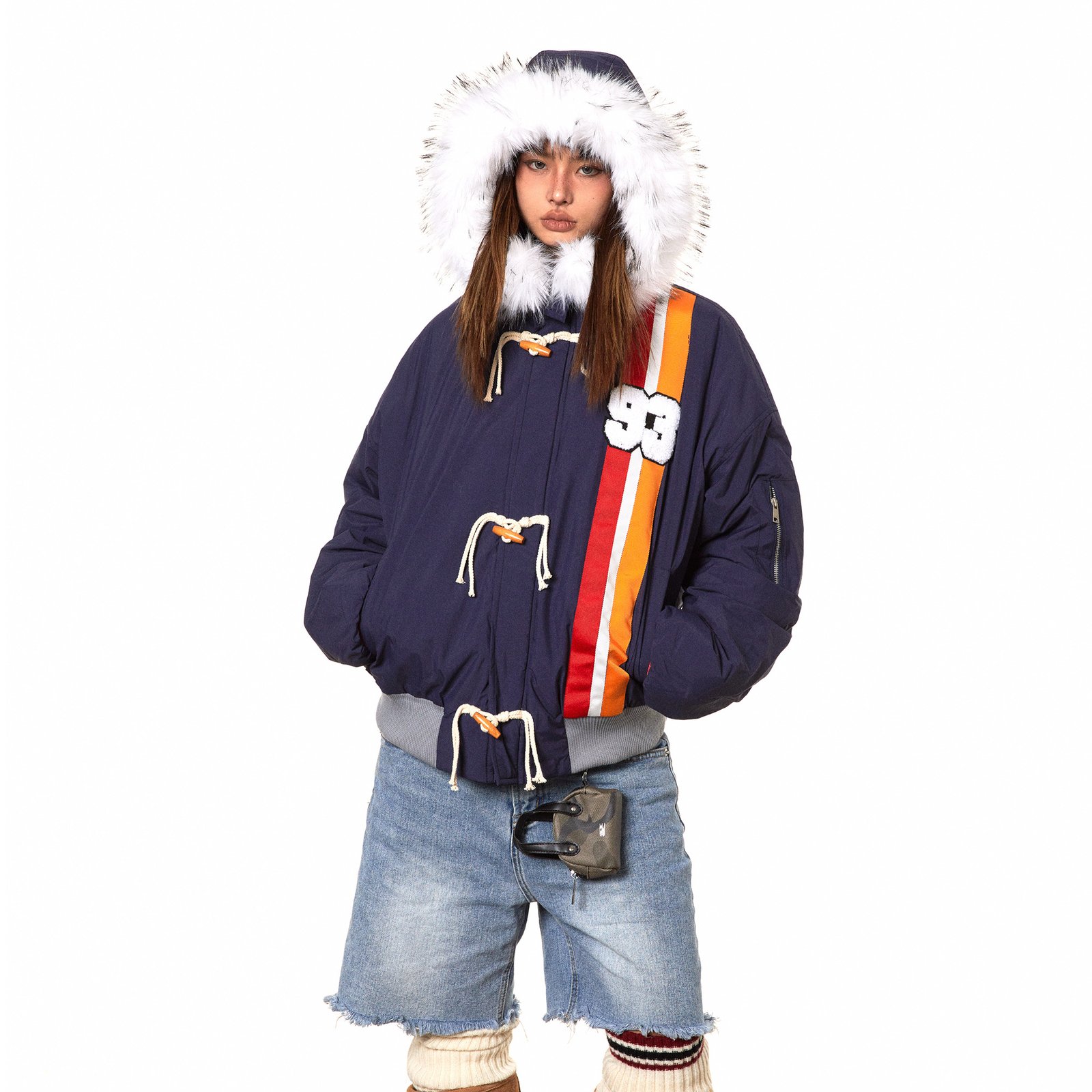 Horn Button Ribbon Short Fur Collar Cotton Coat - Image 4