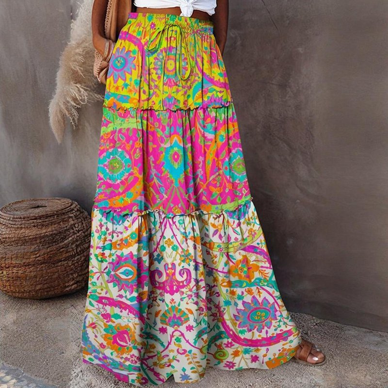 Women's Color Block Floral Print Skirt