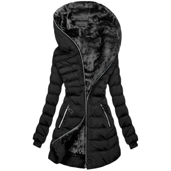 Hooded Warm Fleece Padded Jacket Mid-length Jacket Black Padded Jacket - Image 4