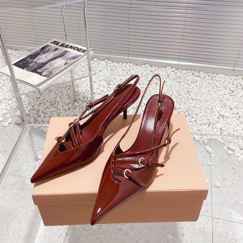 French Style Pointed Toe Kitten Heel Sandals Closed Toe Back Strap High Heels Belt Buckle - Image 6
