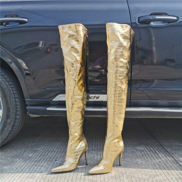 Fashion Gold Over The Knee Back Zipper High Heels - Image 5